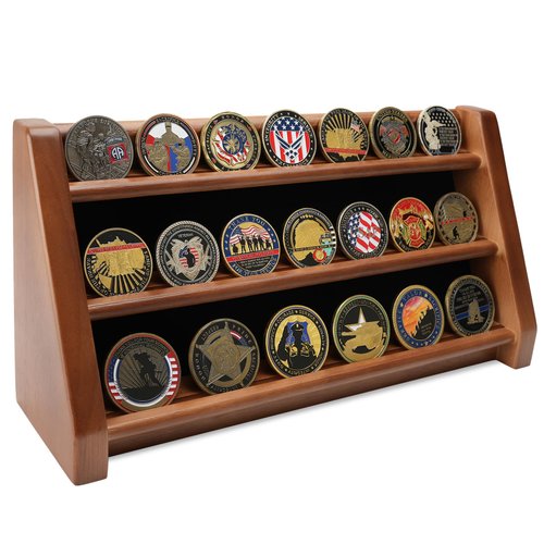DecoWoodo Challenge Coin Display Case, 3 Rows Solid Wood Military Coin Holder Rack Stand Holds 20 Coins for Desk or Wall Mount, Coin Holders for Collectors (Walnut Finish)