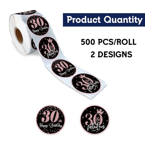 REWIDPARTY Rose Gold 30th Birthday Sticker Rolls（500 PCS） Happy 30th Birthday Stickers 30 and Fabulous Round Stickers Birthday Party Favor Stickers Birthday Party Decorations Adhesive Party Stickers