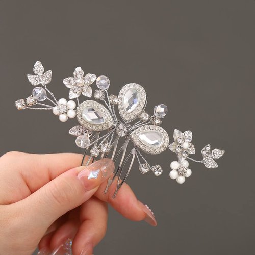 Heread Crystal Bride Wedding Hair Comb Silver Flower Bridal Hair Accessories Pearl Hair Piece for Women and Girls