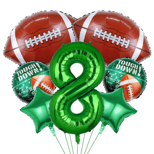 7pcs Football Balloons, Football Birthday Number Mylar Foil Balloon, Football Sport Them Party Supplies Football 8th Birthday Decorations (8th)
