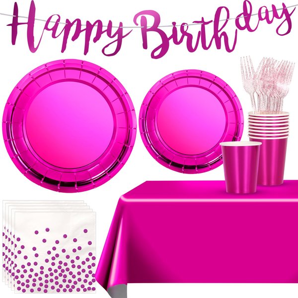 Iridescent Pink Party Supplies Decorations, Hot Pink Holographic Disposable Plates, Napkin, Fork, Cup, Tablecloth, Banner for Mermaid Disco Birthday Party Serves 24