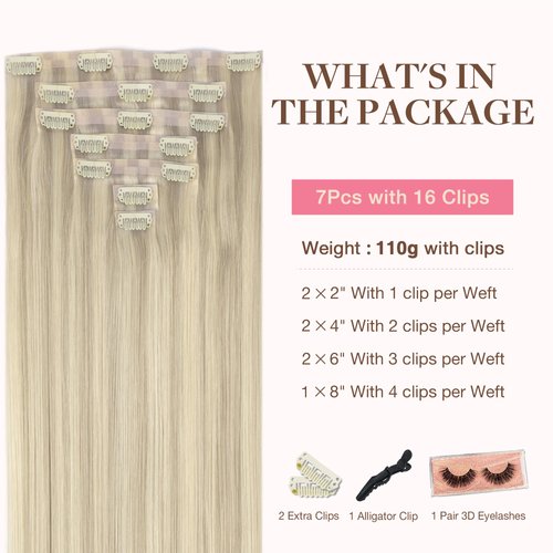GOO GOO Clip in Hair Extensions Real Human Hair, 16inch 110g 7Pcs, 17A/60A Ash Blonde Highlighted Platinum Blonde, Remy Human Hair Extensions Clip ins for Women, Natural Human Hair