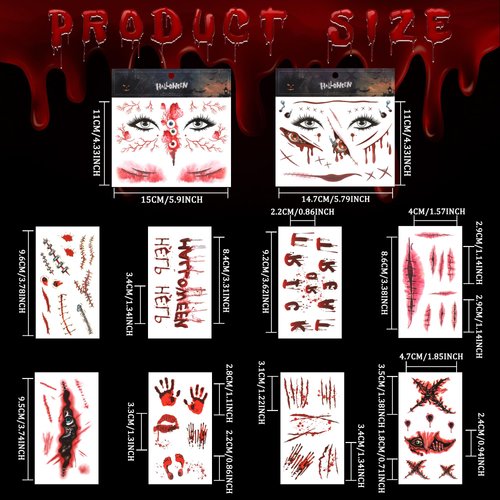 Fssqii Halloween Temporary Tattoos 20 Sheet Scary Face Tattoos Sticker Big Mouth Fake Scars Stitches Bloody Horror Tattoo Stickers Scratch Wound Scab Tattoo Stickers (Set C)