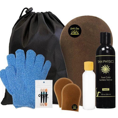 Tan Physics Self Tanner, 11 pcs Deluxe Bundle - Tan Physics True Color Sunless Tanner - Travel Bag & Bottle, Gloves, Application Mitt & Detail Applicator - Tan Physics True Color Sunless Tanner