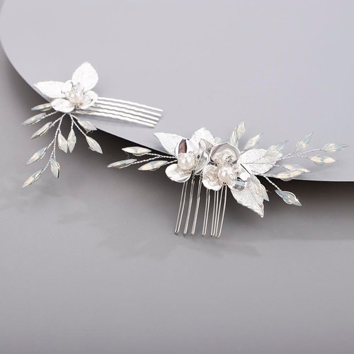 Chargances 2pcs Wedding Silver Flower Leaf Hair Comb Bridal Pearl Handmade Hair Side Comb Set Bride Flower Hair Piece Wedding Hair Accessories for Women and Girls (Silver)