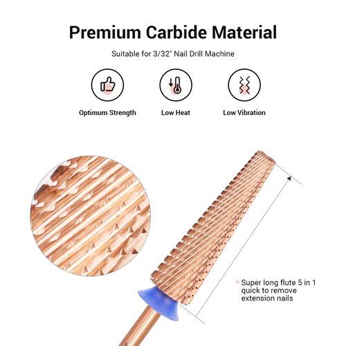 MelodySusie Super Long 5 in 1 Nail Drill Bits, 3/32'' Carbide Tungsten Bits, Suitable for Manicure Pedicure Cuticle Gel Polishing, Professional Advanced Bits, Rose Gold, Series Bit-X, Medium