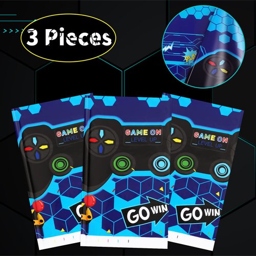 PHOGARY 3 Pack Video Game Tablecloth Blue Video Game Table Cover Geek Theme Birthday Party Decorations Supplies for Kids Player, 108 x 54 Inches