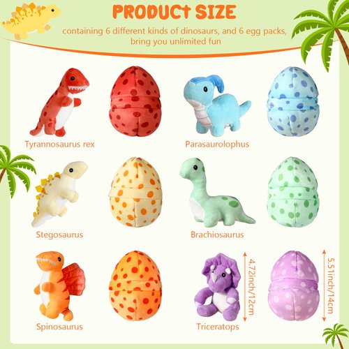 Silipull 12 Pcs Dinosaur Party Favors Cute Plush Dinosaur Stuffed Animals Set, 6 Small Dino Plushies with 6 Mini Dinosaur Egg Bags for Boys Girls School Birthday Gifts Operation Christmas Bulk Items