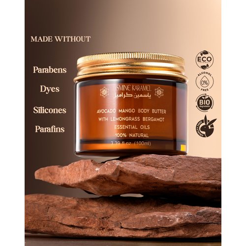 Jasmine Karamel Natural, Organic Mango, Avocado Body Butter, Premium Grade, Botanical Power, Vegan, Chemical Free, Deep Hydration, Non-Greasy, All Skin Types, Scented with Lemongrass & Bergamot Oils