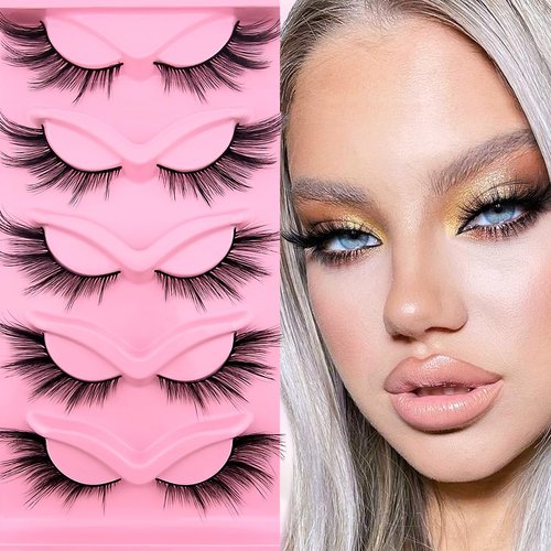 Fox Eye Lashes Wispy Eyelashes 21mm Long Cat-Eye Lashes Angel Wing Lashes Faux Mink False Eyelashes Natural Look 5 Pairs pack(XF07)