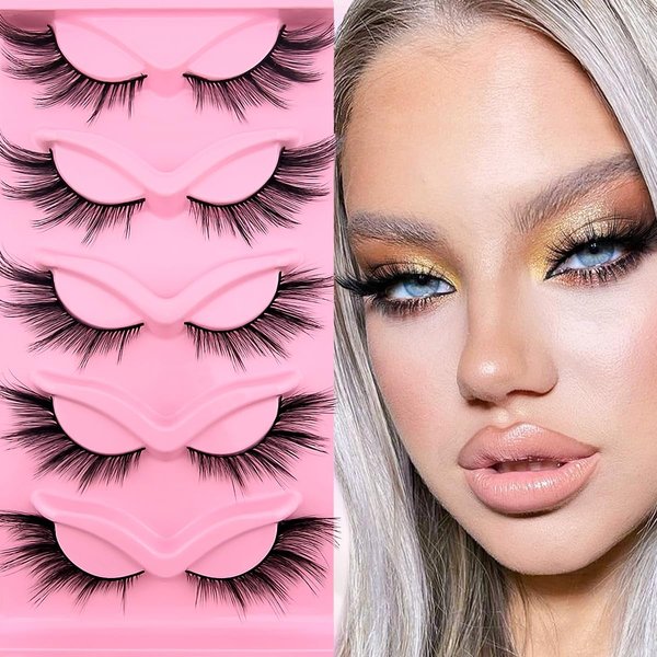 Fox Eye Lashes Wispy Eyelashes 21mm Long Cat-Eye Lashes Angel Wing Lashes Faux Mink False Eyelashes Natural Look 5 Pairs pack(XF07)