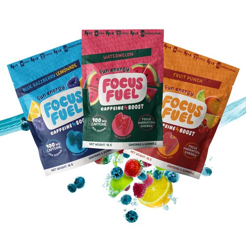 FocusFuel Energy Chews - Focus + Energy Gummies (Sample Pack - 18 Chews) 100mg Caffeine per 2 Gummies, Includes B12, Magnesium, Electrolytes, All-Natural Ingredients (3 Pack - Trial Size)