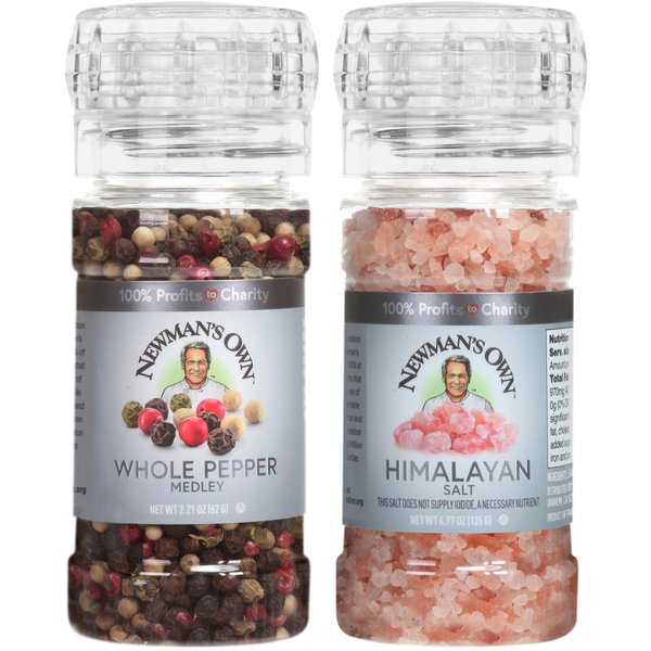 Newman's Own Spices, Salt and Pepper Grinder Set (Himalayan Salt & Whole Pepper Medley Grinders), 2 Count - Kosher