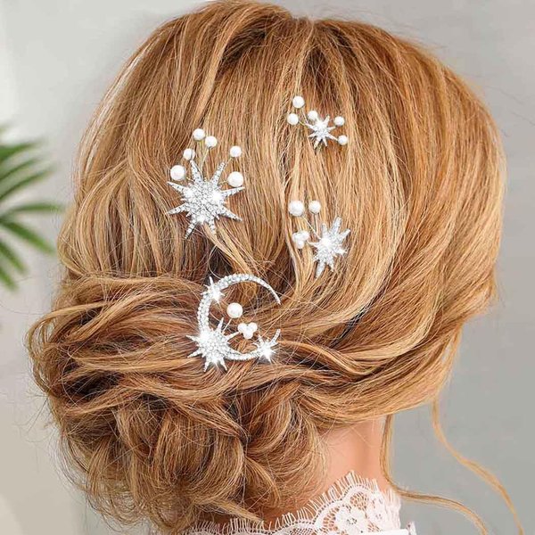 Kilshye Star Moon Bride Wedding Hair Pins Silver Rhinestone Bridal Hair Piece Pearl Prom Hair Accessories for Women and Girls (Pack of 4)
