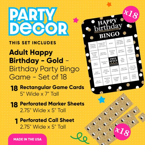 Big Dot of Happiness Adult Happy Birthday - Gold - Find The Guest Bingo Cards and Markers - Birthday Party Bingo Game - Happy Birthday Bingo - Set of 18