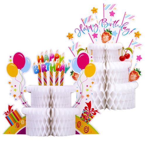 2 Pieces Happy Birthday Decorations, Birthday Cake Honeycomb Centerpiece, Birthday Party Supplies Colorful Table Decor for Kids, Women, Adults