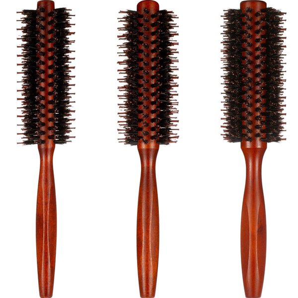 Boao 3 Pieces Boar Bristle Round Brush for Blow Drying Round Hair Brush with Wood Handle Quiff Roller Brush for Women Men (10/12/ 14 Rows)