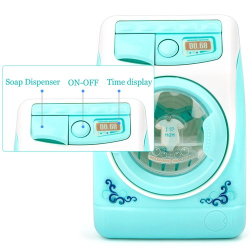 deAO Washing Machine Toy for Kids Dollhouse Furniture Pretend Play Household Appliance Realistic Sounds with Lights Laundry Play Set with Rotatable Roller for Boys Girls