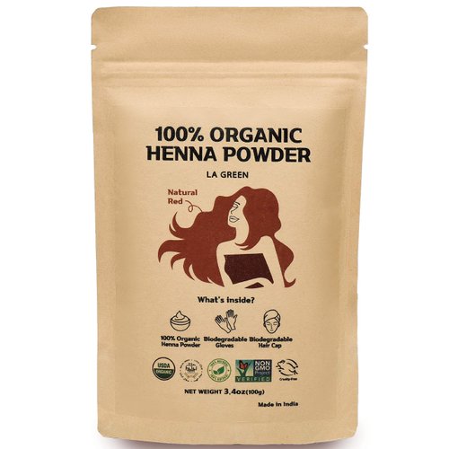 100% Organic USDA Henna Powder For Hair Dye - Natural Hair Color, Best For Hair, Soft Shiny & Healthy Hair, No Chemical or Additive, Including application gloves & hair cap - LA GREEN 100g