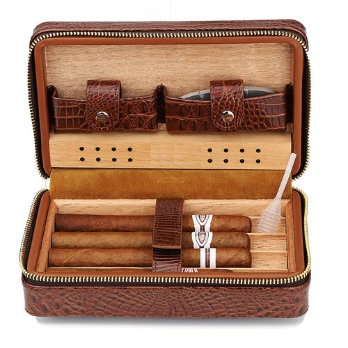 M Time C club 4-Finger Cigar Case, Cigar Humidor Portable Travel Crocodile Skin-Style Burgundy Leather Cigar Case Humidifier