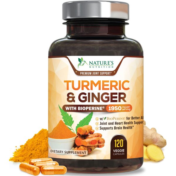 Turmeric Curcumin with BioPerine & Ginger 95% Curcuminoids 1950mg - Black Pepper Extract for Max Absorption, Nature's Joint Support Supplement, Herbal Turmeric Pills, Vegan Non-GMO - 120 Capsules