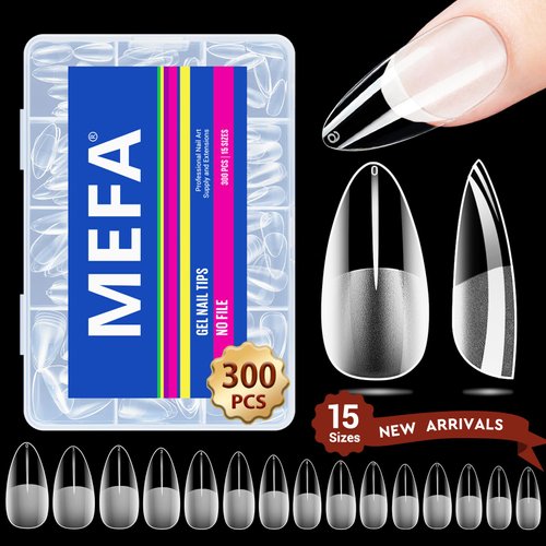 MEFA 15 Sizes Medium Almond Nail Tips - 300 Pcs Half Matte Full Cover Press on Nails, No Filed Gel Nail Tips for Nail Extension Home DIY Salon Manicure