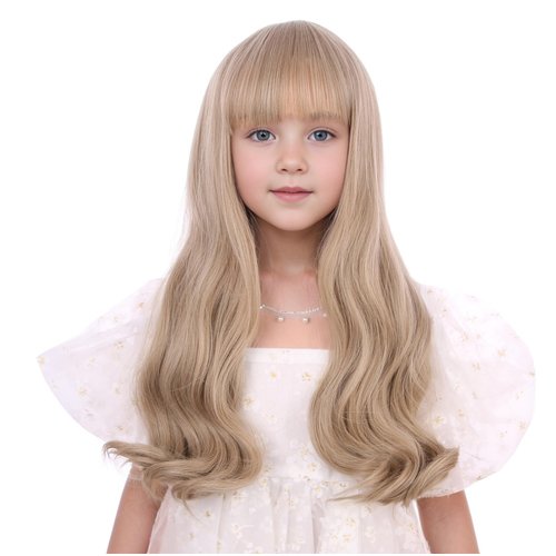 Edivd Mixed Blonde Wig for Kids Child Long Ash Blonde Wig with Flat Bangs Long Blonde Wavy Curly ...