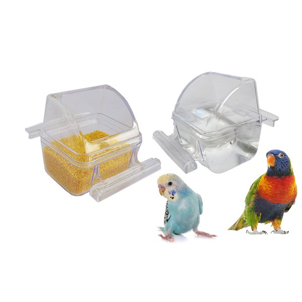 ORIBUKI 2 Pack Bird Feeders for Cage No Mess Parakeet Food Bowl with Cover Clear Hanging Parrot Water Dispenser Perch Cup Waterer Bird Dishes Seed Cage Cups Slot Replacement Feeder Bowls