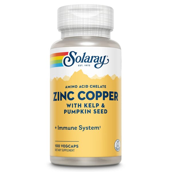 Solaray Zinc Copper Supplement, Bioavailable Amino Acid Chelate, Immune Support, Heart Health and Thyroid Support with Iodine from Kelp and Pumpkin Seed, 60 Day Guarantee, 100 Servings, 100 VegCaps