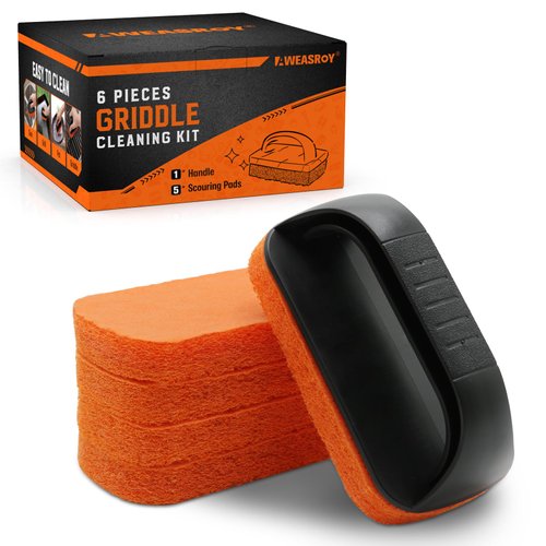6-Piece Griddle Cleaning Kit for Blackstone, Flat Top Grill Cleaning Kit Non-Scratch Scouring Pads for Kitchen - 5 Scrubber Pads and 1 Handle