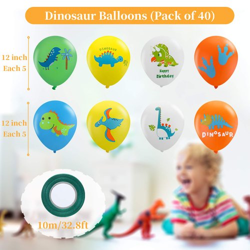 40 Pieces Dinosaur Latex Balloons Dinosaur Birthday Balloons with 32.8 Feet Green Ribbon dinosaur Balloons Party Supplies for Dinosaur Party Decorations