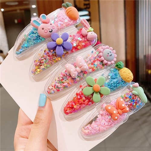 SUKPSY 10 Pcs Glitter Hair Clips for Girls, Animal Fruit Flower Sparkle Transparent Hairpins Snap...