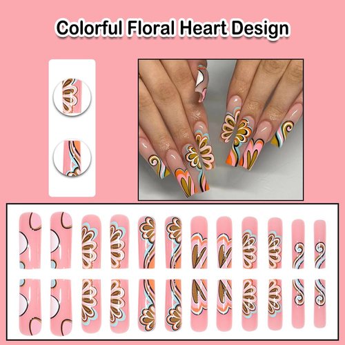 ANDGING Long Press on Nails Square Ballet Brown Fake Nails Glue on Nails with Colorful Floral Heart Design Manicure Acrylic Women False Nails with Glue Gel Stick on Nail for Wedding Birthday DKL565A