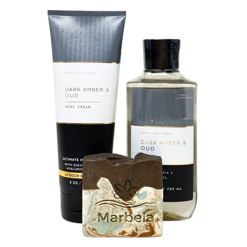 Bath & Body Works Men's Collection Dark Amber & Oud 2 Piece Bundle - Body Cream and Shower Gel - with a Cabin Spice Bar Soap - Full Size