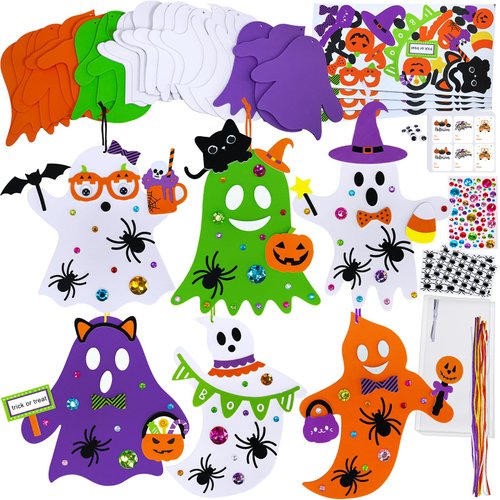 Winlyn 24 Sets Halloween Crafts Fall Crafts DIY Halloween Ghost Tree Ornaments Decorations Craft Kits Foam Ghost Stickers Fall Halloween Arts and Crafts for Kids Party Favors Classroom Art Activities