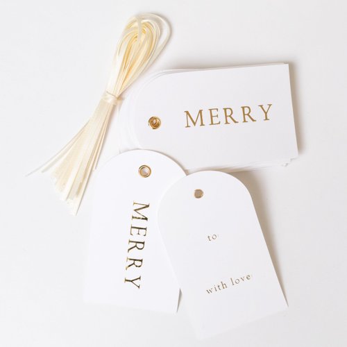 Merry Market Christmas Holiday Letterpress Gift Tags, Merry and to/with Love, Set of 25 with Ribbon