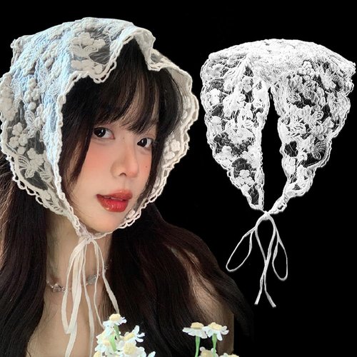 Lace Floral Hair Bandana White Hair Headband Head Scarf for Women Girls Vintage Triangle Head Kerchief Tie-Back Headwraps Flower Hair Scarf Headscarf Bandana Boho Headbands Bandanas for Hair Styling