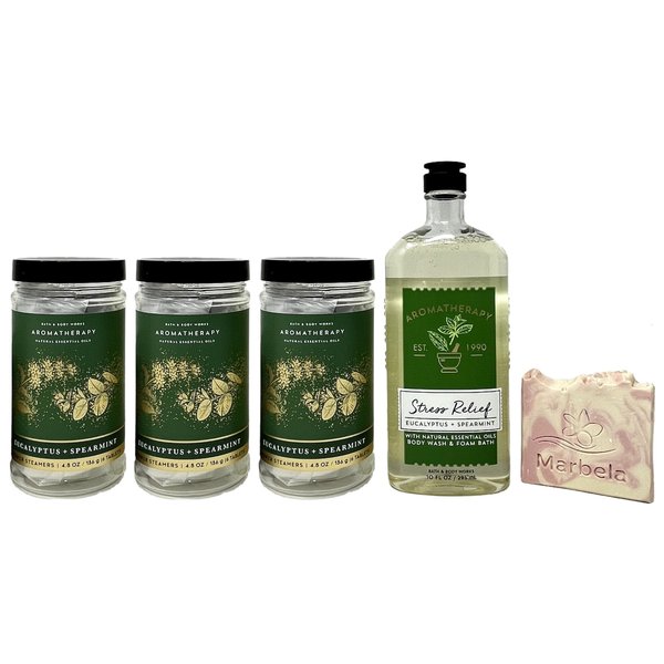 Bath & Body Works Eucalyptus Spearmint Gift Set - Body Wash & Foam Bath and 3 - Shower Steamers with a Himalayan Salts Springs Sample Soap