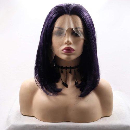 xiweiya Mixed Purple Short Cut Lace Front Wig Bob Straight Free Part Synthetic Wigs Heat Resistant Synthetic Lace Front Wigs for Women Dark Purple Short Haircut Hand Tied Replacement Full Wig