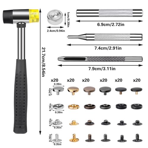 TLKKUE 120 Sets Leather Snap Fasteners Kit, Snap Buttons with Rubber Hammer, 10mm Metal Snap Buttons Press Studs with 4 Setting Tools, 6 Color Leather Snaps for Clothes, Jackets, Jeans Wears, Bags