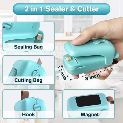 TYHJOY Mini Chip Bag Sealer, Handheld Heat Vacuum Sealer and Cutter, Portable Resealer Machine for Snack Plastic Fresh Bags Cookies - Green - 2xAA Batteries Included