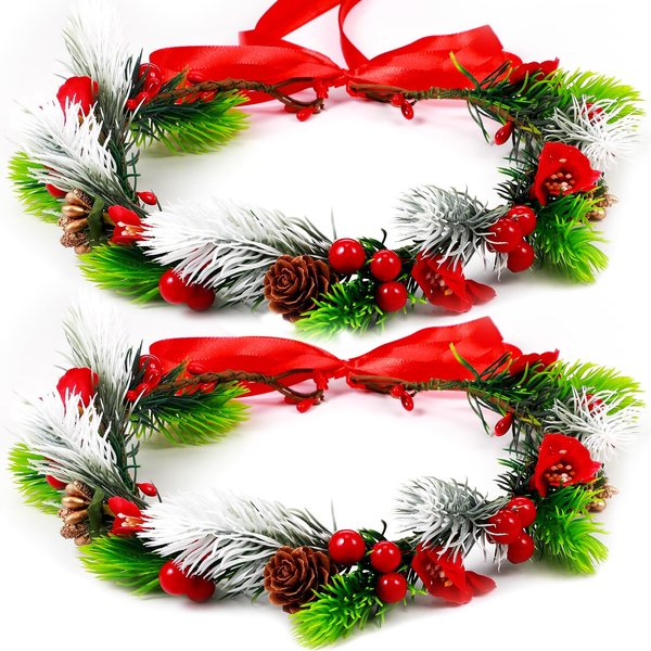 Yilloog 2 Pack Christmas Flower Crowns for Women Christmas Hair Wreath Garland Floral Headpiece Hairband with Holly Berry Leaves Pine Winter Xmas Holiday Hair Accessories