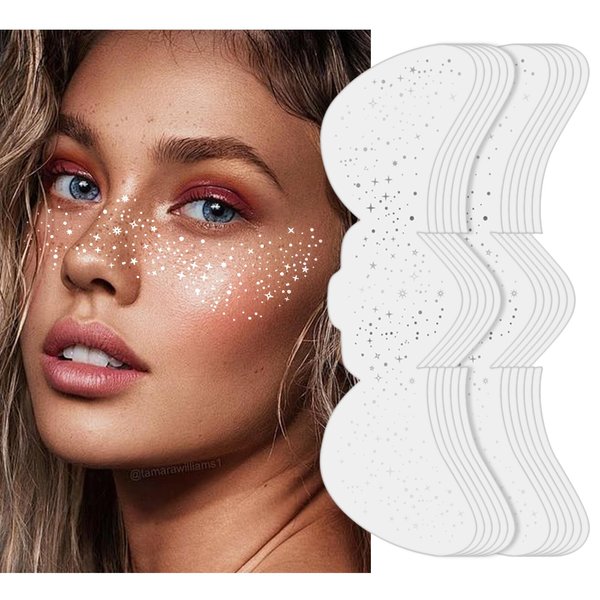 Gold Glitter Freckles Face Tattoo - 12 Pcs Makeup Patch - Face Glitter Speckles Patches - Speckles Waterproof Temporary Tattoos Cute Glitter Makeup Accessories For Women (Silver C)