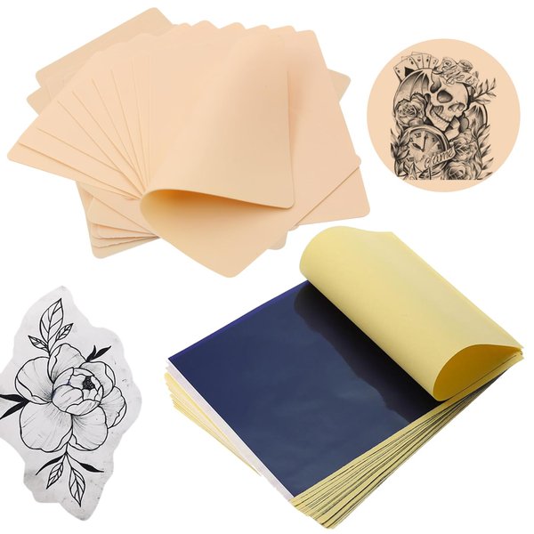 Tattoo Skin Practice with Transfer Paper - WZPB 35Pcs Tattoo Fake Skin and Tattoo Transfer Paper Kit Including 10Pcs Practice Skin and 25Pcs Tattoo Stencil Paper for Beginners Tattoo Supplies