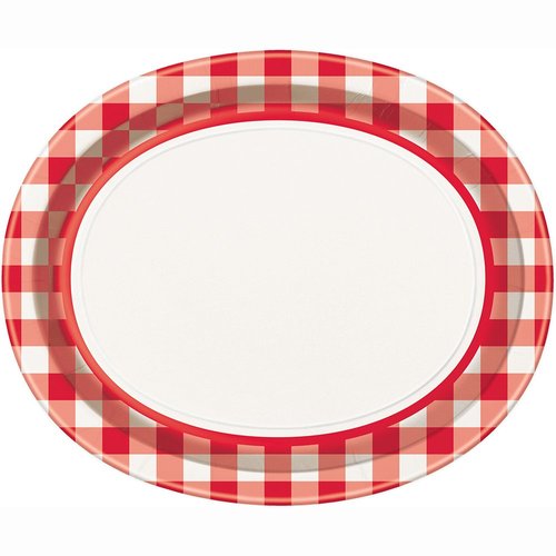 Unique 12.25" x 10.25" Gingham Oval Paper Plates 8 Pcs, Red