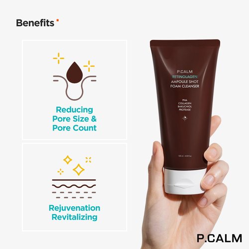P.CALM Retinolagen Ampoule Shot Foam Cleanser 120ml | Vegan Pore Control Facial Wash with Retinol, Collagen, PHA, Bakuchiol for Sensitive Skin | Korean Skincare