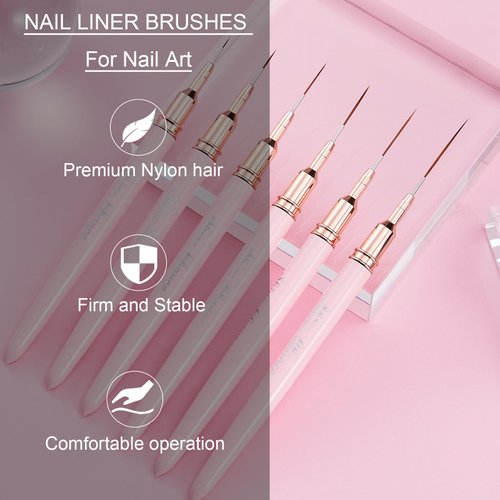 Shince Chance Nail Art Liner Brushes Set, 6Pcs Nail Art Design Brush Pen for Gel Polish Fine Drawing, Small Details Stripping Painting Nail Painting Pens, Acrylic Nail Art Design Tools, Pink