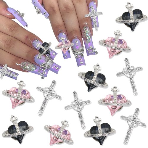 YAEISM 12PCS Planet Nail Charms and 3D Cross Nail Charms Heart Shape Nail Art Crystal Shiny Nail Gems Rhinestones for DIY Crafts Jewelry Decoration