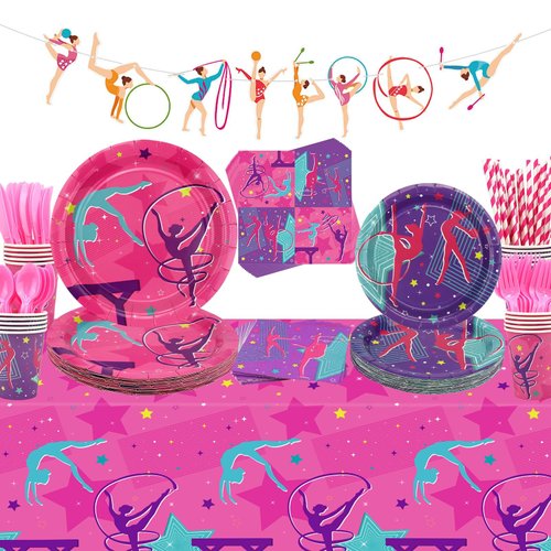 Gymnastics Birthday Party Decorations - Gymnastics Theme Party Supplies for Your Little Dance Gymnasts with Gymnastics Pattern Banner, Tablecloth, Plates, Napkins, Tableware, Serves 20