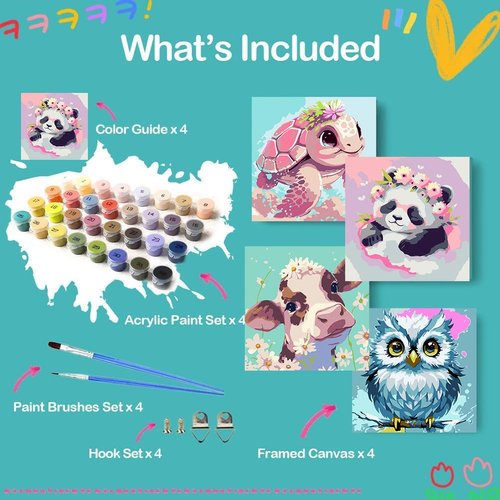 4 Pack Framed Paint by Number for Kids, Cute Animals Paint by Numbers Kit for Beginners,Easy Acrylic Watercolor Paint by Numbers Canvas Arts and Craftsfor Wall Decor Gift for Age 8-12 Kids (8x8in).
